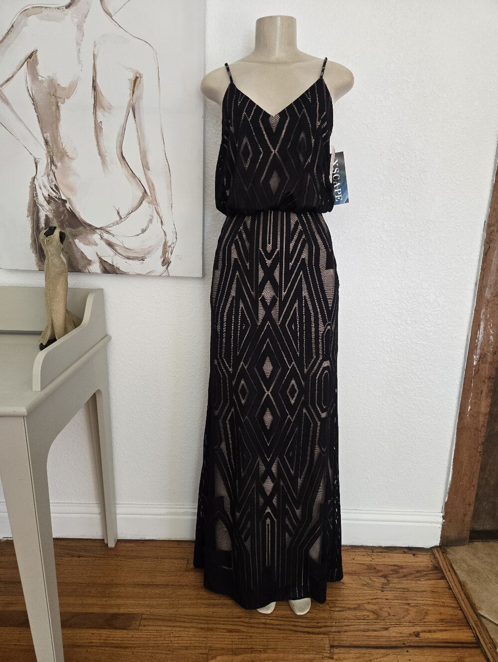 NWT Xscape Black Geometric Lace Maxi Dress Size 4